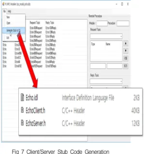 Table 2. Implementation Of Server Application 표 2. 서버 응용 프로그램의 구현 코드 5. Client Side 구현 클라이언트는 원격 프로시저와 원격 프로시저를 호 스팅하는 기능의 구현이 요구되는 서버와는 달리 클 라이언트의 요구사항은 원격 프로시저 호출 뿐이다