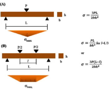 Figure 2. Configurations of three- (A) and four-point (B) flexural strength  test.  Dotted  lines  indicate  possible  crack  initiation  site  under   tensile  stress.