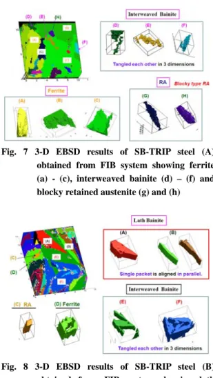 Fig. 6 TEM micrographs of SB-TRIP (B) steel  showing lath bainite (LB) and various shapes  of retained austenite with film and blocky type 