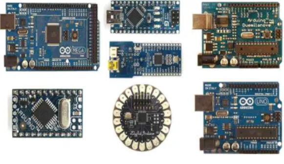 Fig 1. various arduino boards 그림 1. 다양한 아두이노 보드들 소위 피지컬(physical) 컴퓨팅이란 디지털 기술을 통해 사용자로부터 물리적인 방식으로 정보를 입력받 거나 또는 정보를 처리한 결과를 물리적인 방식으로 출력하는 디지털 시스템을 칭한다