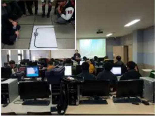 Fig. 5. practical training in the class using arduino 그림 5. 프로그래밍 수업 및 아두이노 실습 장면 2. 수강생 대상 실험 결과 수업 종료 후 새롭게 시도된 프로그래밍 수업 방 식의 효과를 알아보기 위해서 수강생들을 대상으로 두 학기 동안 설문 조사를 실시하여 그 효용성을 조 사해 보았다