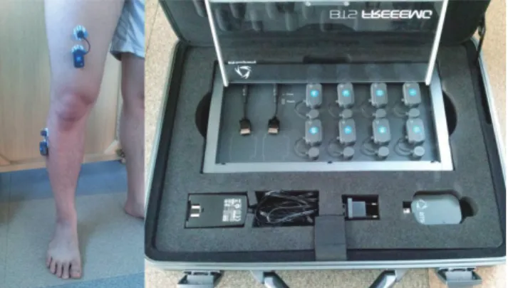 Figure 2. Attached surface electrodes &amp; FREE EMG (BTS Co. Italy).