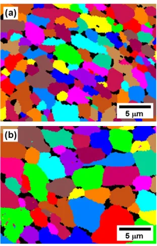 Fig. 6 The unique-grain color maps with tolerance  angle of 15 o  developed in the fine-grained  material at 850 o C for (a) 6hrs and (b) 24hrs,  respectively 0exppnD Gb bQAkTdGRTε&amp;=⎛ ⎞ ⎛ ⎞⎜ ⎟ ⎜ ⎟⎝ ⎠ ⎝ ⎠σ⎛⎜⎝−⎞⎟⎠log / logm=dσdε&amp;10-410-310-2020040060