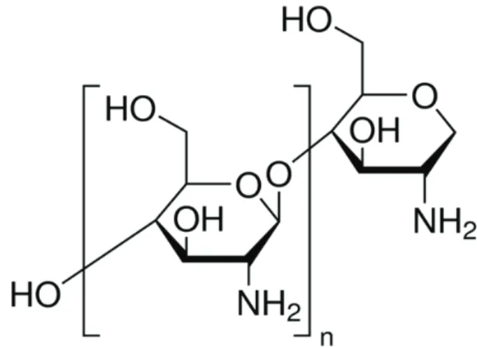 Figure  1.  Constitutional  formula  chitosan  (deacetylated  chitin,  Poly[D-glucosamine])  used  in  this  experiment  with  low  molecular  weight  (50,000-190,000  Da) 