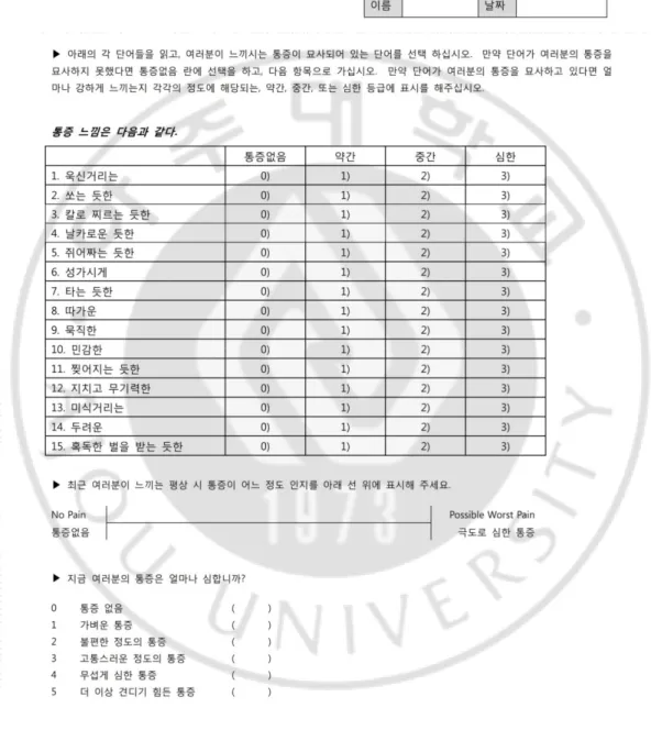 Figure 1.Korean version of Short Form McGill Pain Questionnaire. 