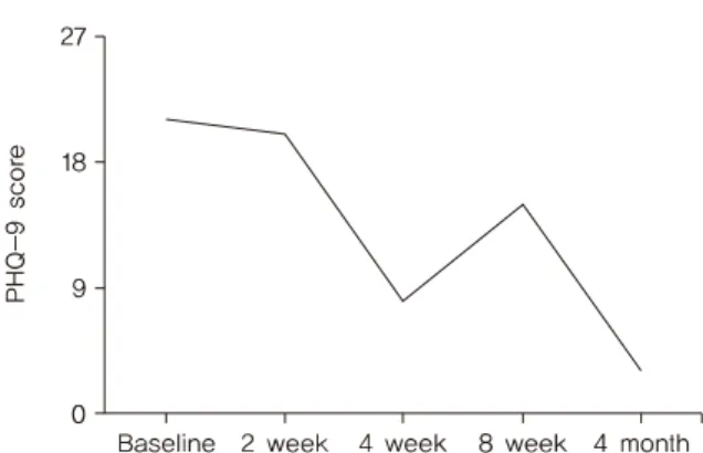 Fig. 2. Summary of change in PHQ-9 score. 4월 15일까지 주요우울 삽화의 호전과 악화가 반복되었다가, 2020년 4월 16일부터 2020년 6월 19일까지의 약 2개월간은  관해  상태를  유지되었다(Fig