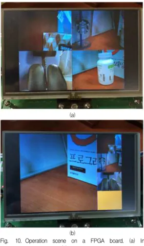 Fig. 10. Operation scene on a FPGA board. (a) In ordinary times. (b) When motion is detected.