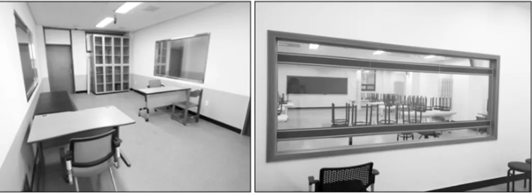 Fig. 1. CPX room (Lt: ◯◯ University, Rt: ◯◯ Korean Medical Hospital).인후 분석을  실시하였다.2.  연구  절차1)  증례  개발임상 현장에서 볼 수 있는 신경정신과 질환 10가지를 선정하고 각 질환에 5명씩 배정한 후 연극자, 시나리오 작성자, 기타의 역할 중 하나를 선택하여 표준화 증례를 개발하도록 하였다