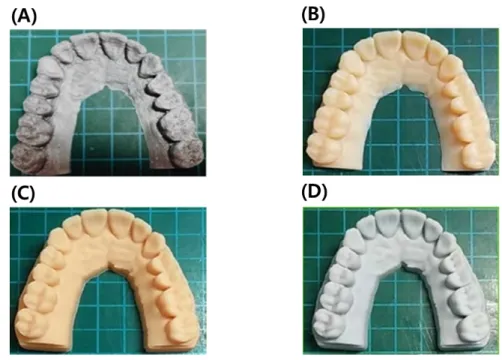 Figure  2.  Real  images  of  3D  printed  full  arches  prepared  by  (A)  SLA,  (B)  DLP,  (C)  POL  and  (D)  FDM  type  3D  printers.