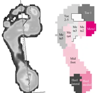 Figure 1. 10 domain areas for foot plantar pressure and balance. 2)  실험절차 정확한 자료 수집을 위해 보행 시작 전에 대상자의 체중을 측정하여  프로그램에 입력하고 압력 측정판 위에서 움직임 없이 양발로 서서  각 대상자의 체중을 보정하였다 
