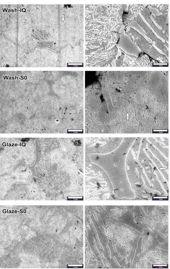 Figure  4.  Microstructure  after  wash  and  glaze:  ice-quenched  after  wash  (Wash-IQ),  bench-cooled  at  Stage  0  after  wash  (Wash-S0),  ice-quenched  after  glaze  (Glaze-IQ)  and  bench-cooled  at  Stage  0  after  glaze  (Glaze-S0)  at  magnifa