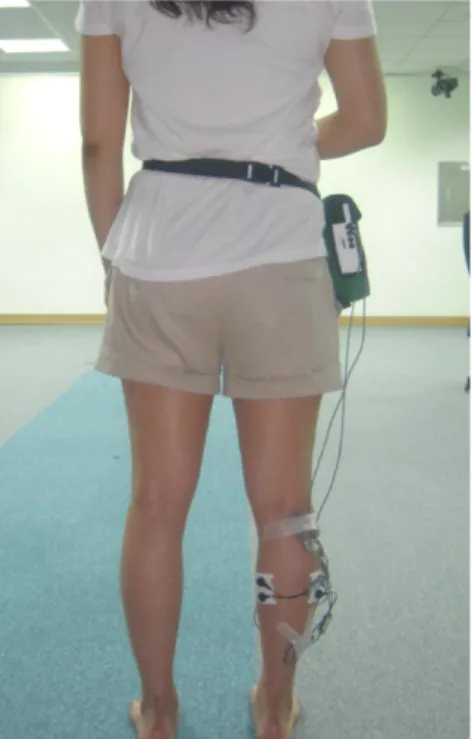 Figure 1. The position of electrode attachment. 자가  주관적으로  느끼는  통증  및  일상생활활동  정도를  40점, 객관적으로  파악되는  발목기능의  정도를 60점으로  하였고,  점수가 낮을수록 발목손상의 정도가 심한 것으로 판단하였다
