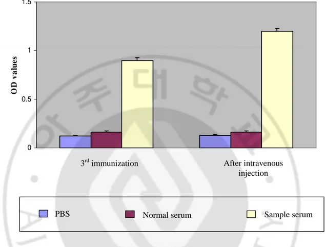 Fig.  3. Polyclonal  antibody  titers from  the  TgLDH-5  immunized  mice. OD 405  values of 