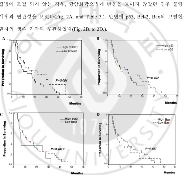 Fig. 2. Overall survival of patients with non small cell lung cancer according to the  expression of ERCC1 (A), p53 (B), Bcl-2 (C), and Bax ( D) 