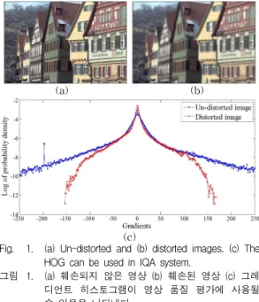 Fig. 1. (a) Un-distorted and (b) distorted images. (c) The (c) HOG can be used in IQA system.