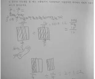 [그림  8]  분수의  나눗셈에  대한  변형된  스키마  V.  결  론 본 연구는 나눗셈의 1차적 개념을 학습한 초등학교 3학년 영재아들이 나눗셈의 1차적 개 념을 바탕으로 어떠한 형태의 변형된 1차적 개념과 변형된 스키마를 구성 하는지 그리고 초 등학교 6학년에서 배우는 분수의 나눗셈에 대한 학습 내용에 대하여 스스로가 구성한 스키 마와 변형된 스키마를 이용하여 어떻게 문제 해결에 접근을 하는지에 대하여 연구 분석 하 였다