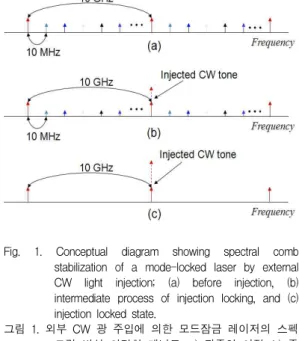 Fig. 1. Conceptual diagram showing spectral comb stabilization of a mode-locked laser by external CW light injection; (a) before injection, (b) intermediate process of injection locking, and (c) injection locked state.