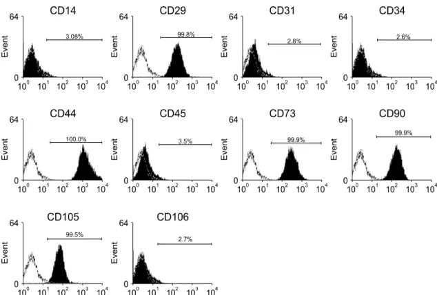 Fig.  2.  Immunophenotypes  of  isolated  mesenchymal  stem  cells.  Fibroblastoid  cells  expanded  from  bone  marrow  processing  kit  were  trypsinized,  labelled  with  antibodies  against  the  indicated  antigen,  and  analyzed  by  flow  cytometry