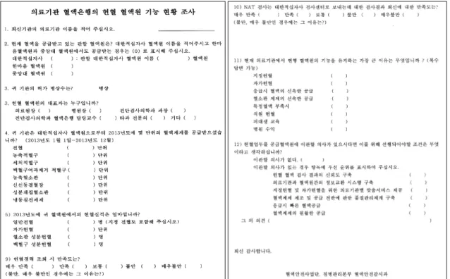 Fig.  1.  Questionnaire  format  for  the  functional  status  of  hospital  blood  donation  center  and  the  satisfaction  level  about  the  Korean  Red  Cross  services.