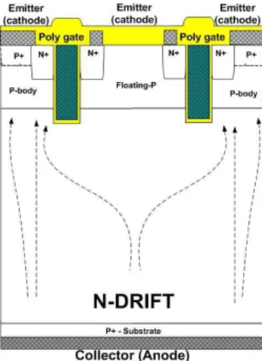 Fig 4 The dross-section of conventional TIGBT structure 그림 4 기존 수직형 IGBT 구조의 단면도 그림 5는 제안된 pMOS 삽입형 TIGBT의 단면도를 보여준다