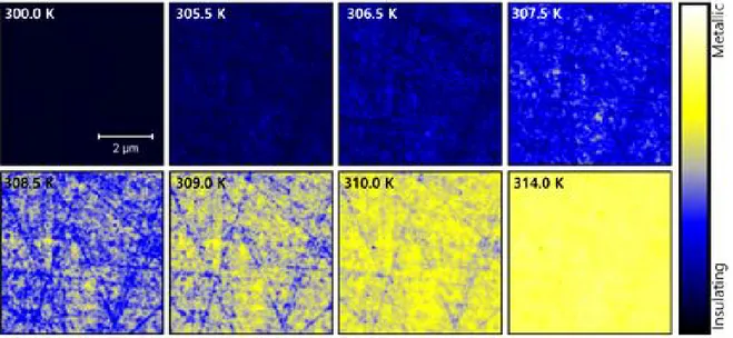 그림 23 s-SNIM images of the same region of the 10 nm VO2 film on TiO2 at different temperatures are displayed