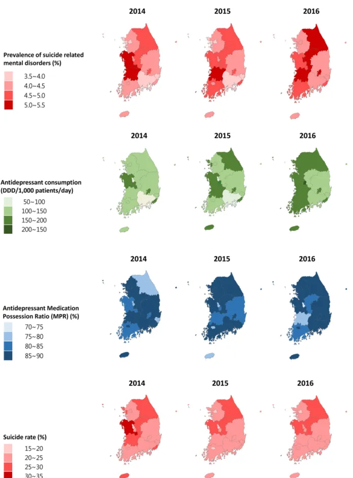 Fig. 2. Regional variations in prevalence of suicide related mental disorders, antidepressant use and suicide rate between 2014 and 2016