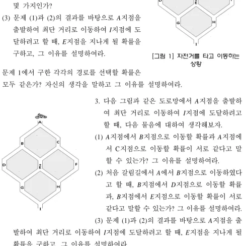 [그림  1]  자전거를  타고  이동하는  상황<부록>1.  다음 [그림 1]은 육각형 모양의 주거 단지와 그 사이에 만들어진 도로망을 나타낸 것이다