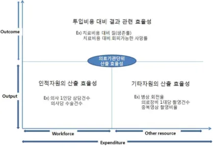 그림 4-6. 효율성 도메인의 하부 단위(4) 효율성 효율성은 기본적으로 한 단위를 더 투입했을 때 산출되는 양(volume)의 비교를 통해 평가된다. 보건의료지출에서 효율성을 측정하는 것은 자원의 사용을 최소화 하면서 목표가달성된 정도를 분석하기 위해, 투입과 보건의료체계의 산출 또는 결과를 비교하는 것이다.국제적으로 비교가능한 효율성 지표군은 각 국가의 보건의료체계가 하나의 산출주체로서비교될 수 있고, 국가 내에서의 효율성 지표군은 지역 또는 의료기관