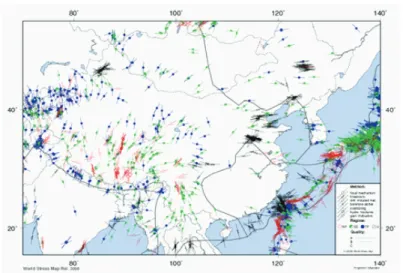 Figure 9. In-situ tectonic stress field in Northeast Asia displaying the maximum horizontal compressive stress  (SHmax)(Heidbach et al., 2008)