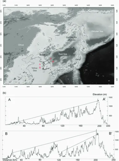 Figure 2. (a) Topography map of Northeast Asia. Light grey for elevation >500 m, dark grey for elevation 