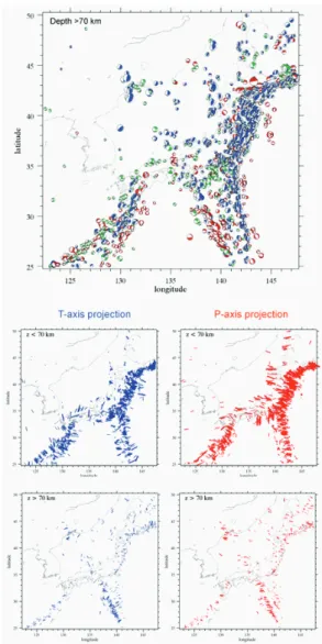 Figure 4. Focal mechanism solutions at depth in  Northwest Pacific and the East Sea from ANSS  and CMT database