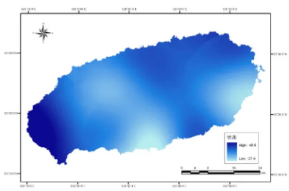 Figure 8. Maximum wind speed map using Oridinary  Kriging. Oridinary Kriging을 활용하여 구축한 제주도의  