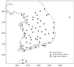 Figure 1. The location of stations (squares: six large urban stations, triangles: five smaller urban stations and dots: 49 rural stations)