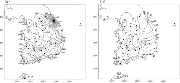Figure 2. The spatial distribution of 30-year mean of heating degree-days (a) and cooling degree-days (b) over South Korea, 1973-2002, DDs.