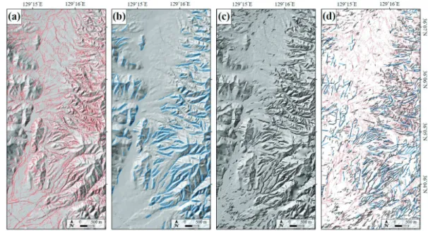 Figure 5. Results of lineament extraction using auto-extraction analysis. Each figure shows a lineament   auto-extracted from L-DEM (a), T-DEM (b), and A-DEM (c)