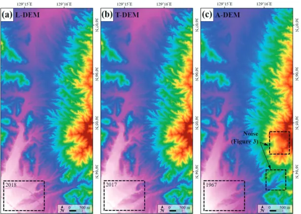 Figure 2. DEMs generated based on different source. Each figure shows the results of DEM generation   based on LiDAR (a), digital topographic map (b), and aerial photo (c)