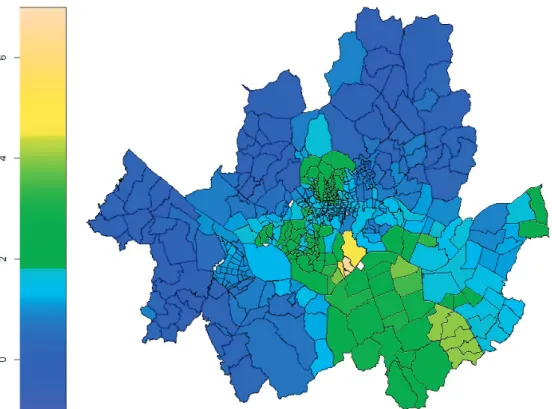 Figure 5. Fitted spatial effect for μ for the model M5