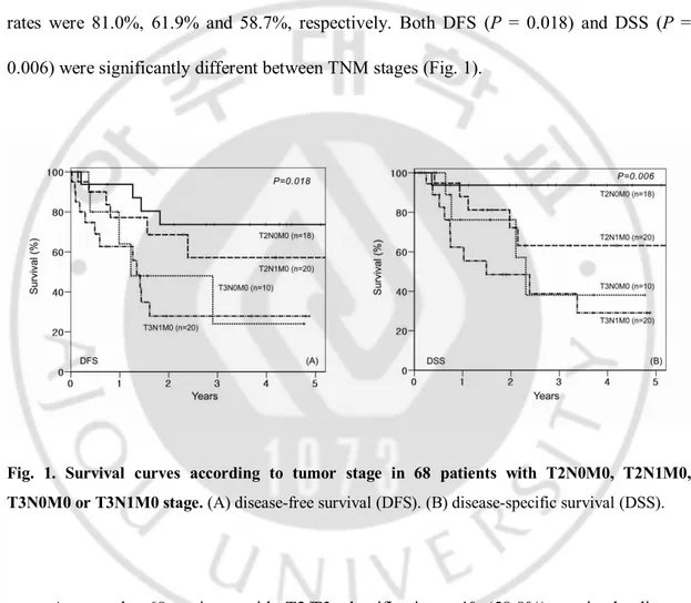 Fig.  1.  Survival  curves  according  to  tumor  stage  in  68  patients  with  T2N0M0,  T2N1M0,  T3N0M0 or T3N1M0 stage