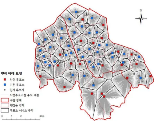 그림 5. 종사자밀도 비례 모델( p =82)의 최적 사전투표소 입지그림 4. 면적 비례 모델(p=61)의 최적 사전투표소 입지
