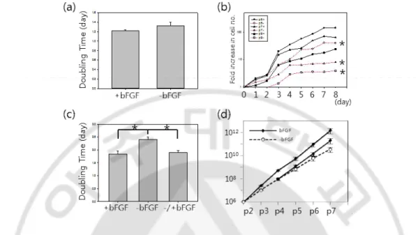Fig. 5. Proliferation of MSCs depending on passages and bFGF addition   