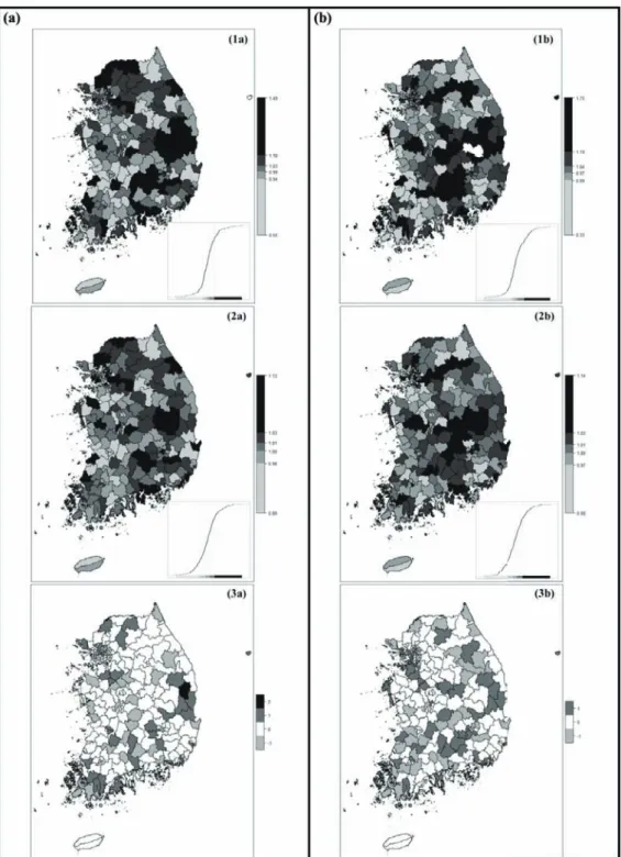 Figure 6. Mapping the differences of quintile classes based on the SMR and Bayes estimates ((a) 3 years  aggregated data: (1a) SMR quintile map, (2a) quintile map of Poisson-Gamma model, (3a) Difference map, 
