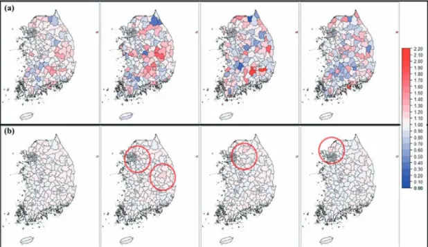 Figure 4. Maps of LBW relative risks - Enlarged map of the metropolitan area ((a) SMR - from the leftmost panel,  3 years aggregates, 2008, 2009, and 2010, (b) Poisson-Gamma estimates - 3 years aggregates, 2008, 2009, and 
