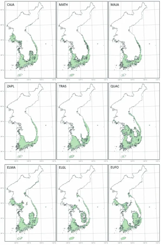 그림 4-1. RCP 4.5의 2050년 난대성 상록활엽수의 잠재서식지 변화