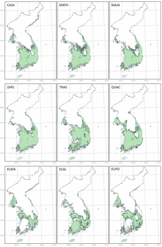 그림 4-2. RCP 4.5의 2070년 난대성 상록활엽수의 잠재서식지 변화