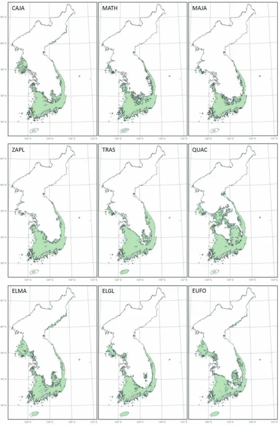 그림 5-1. RCP 8.5의 2050년 난대성 상록활엽수의 잠재서식지 변화