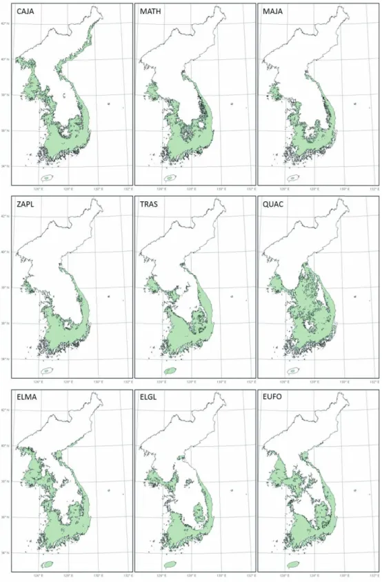 그림 5-2. RCP 8.5의 2070년 난대성 상록활엽수의 잠재서식지 변화