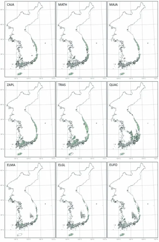 그림 2. 난대성 상록활엽수의 토지이용을 고려한 잠재서식지