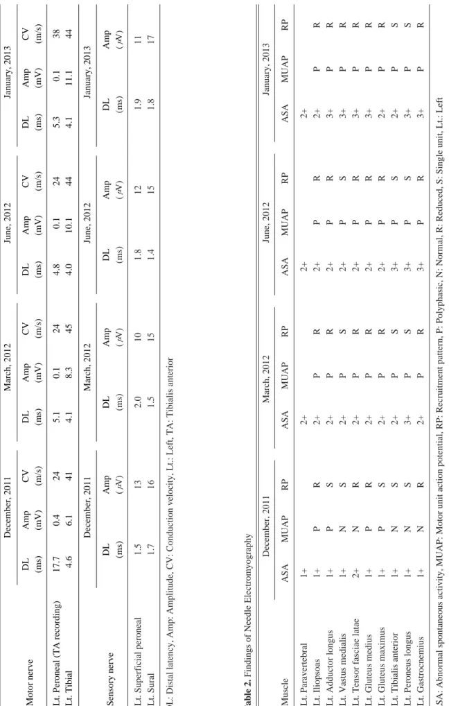 Table 1. Findings of Nerve Conduction Study  December, 2011March, 2012June, 2012January, 2013 Motor nerveDLAmpCVDLAmpCVDLAmpCVDLAmpCV (ms)(mV)(m/s)(ms)(mV)(m/s)(ms)(mV)(m/s)(ms)(mV)(m/s) Lt