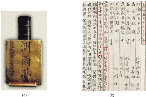 그림 1. 공주감영의 측우기(a)와 승정원일기에 처음 기록된 영조 46년 5월 13일(1770년 6월 6일) 측우기 강우량 관측 기록(b) 