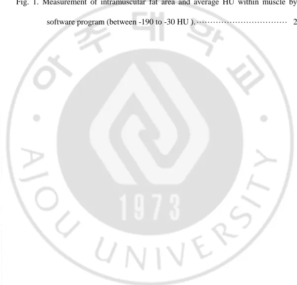 Fig.  1.  Measurement  of  intramuscular  fat  area  and  average  HU  within  muscle  by  software program (between -190 to -30 HU )
